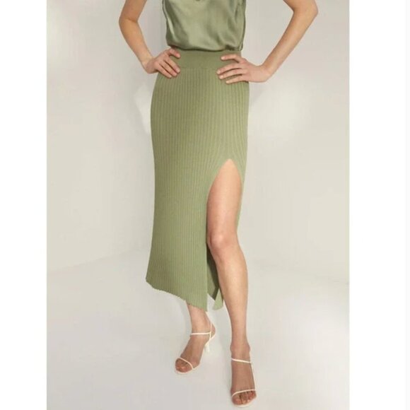Aritzia Wilfred High-Rise Ribbed Knit High Slit Midi Skirt Sage Frost Green XS - Picture 1 of 7